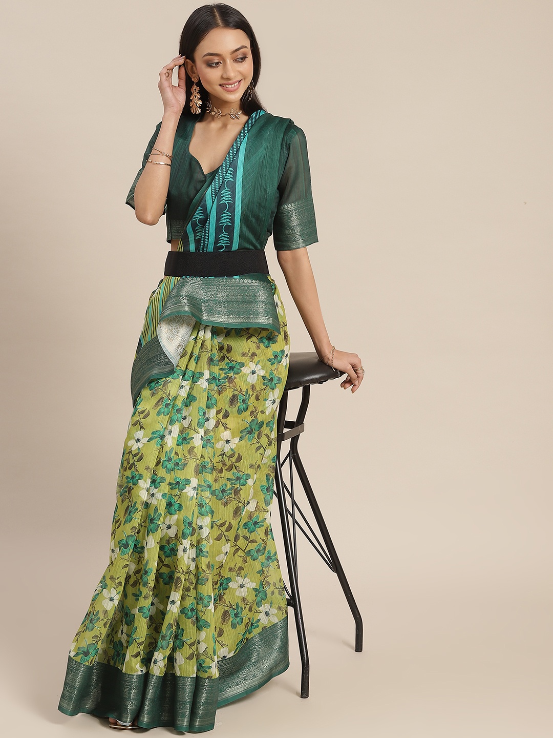 

RAJGRANTH Green & Blue Floral Pure Linen Saree