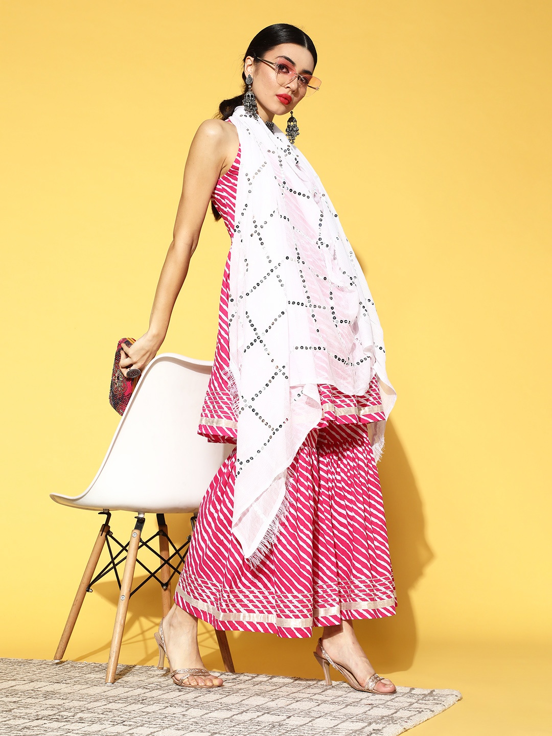 

Varanga Leheriya Cotton Blend Short Kurti with Sharara, Pink