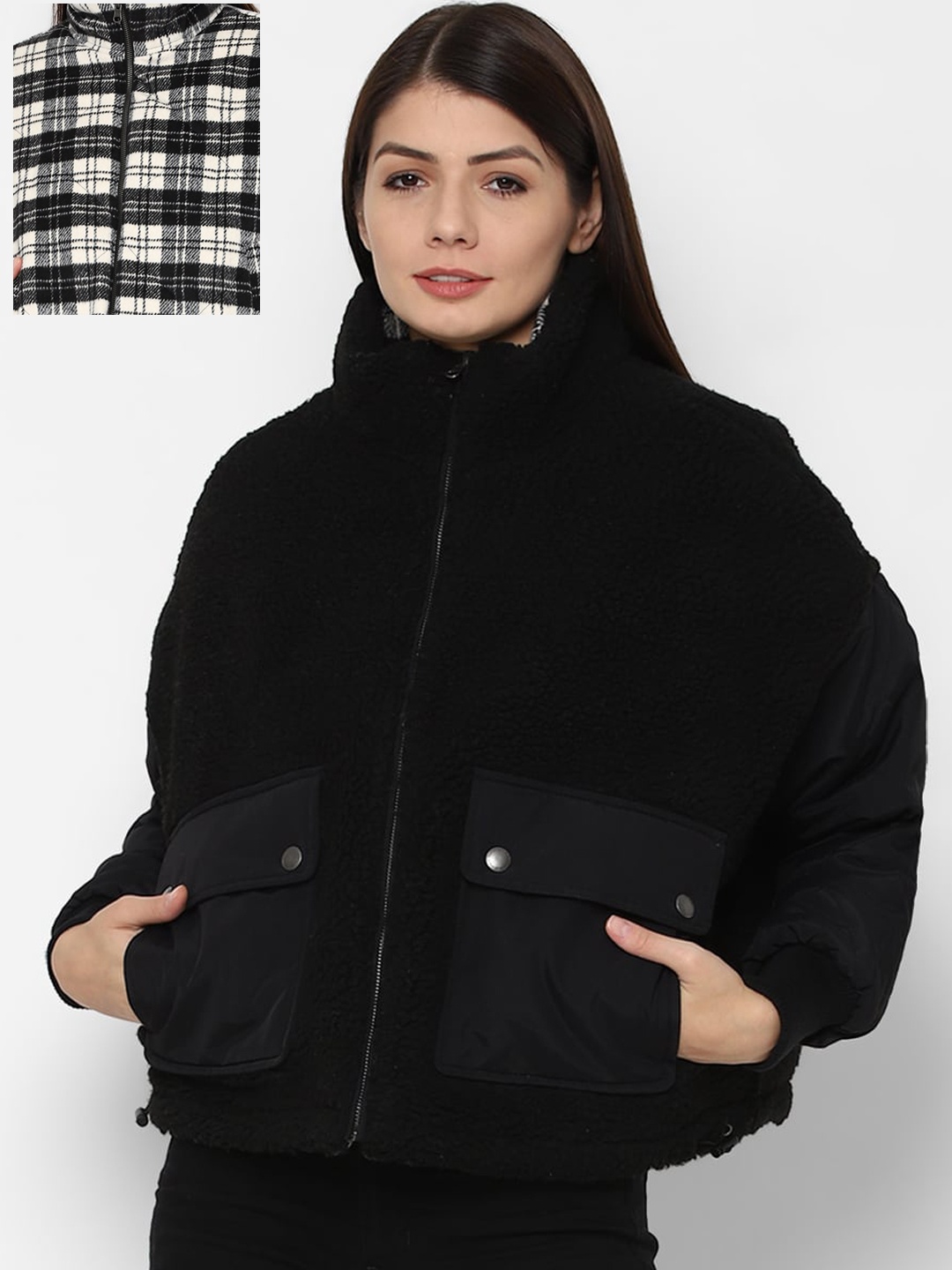 

AMERICAN EAGLE OUTFITTERS Women Black Reversible Bomber Pure Cotton Jacket