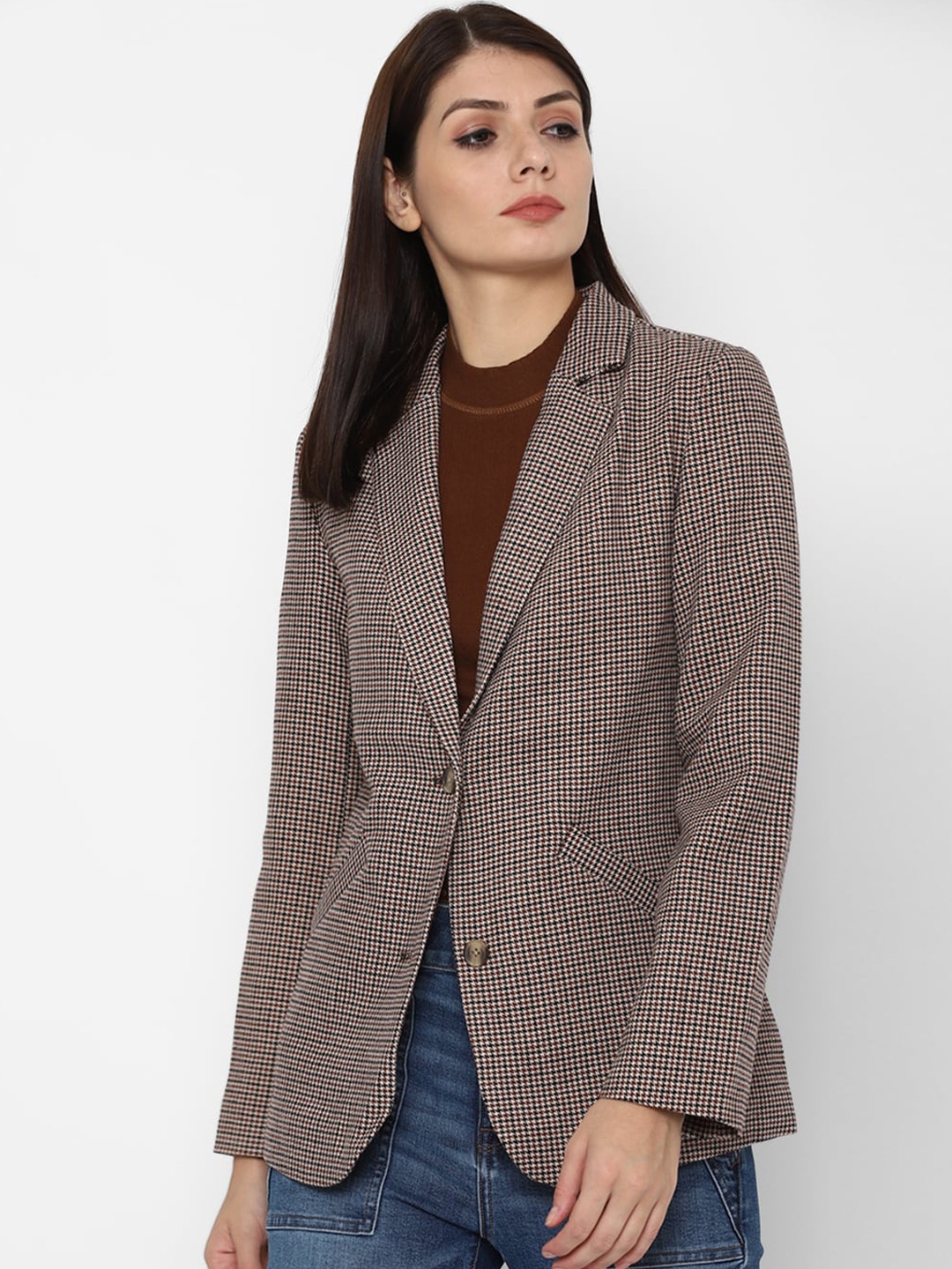 

AMERICAN EAGLE OUTFITTERS Checked Single Breasted Blazer, Brown