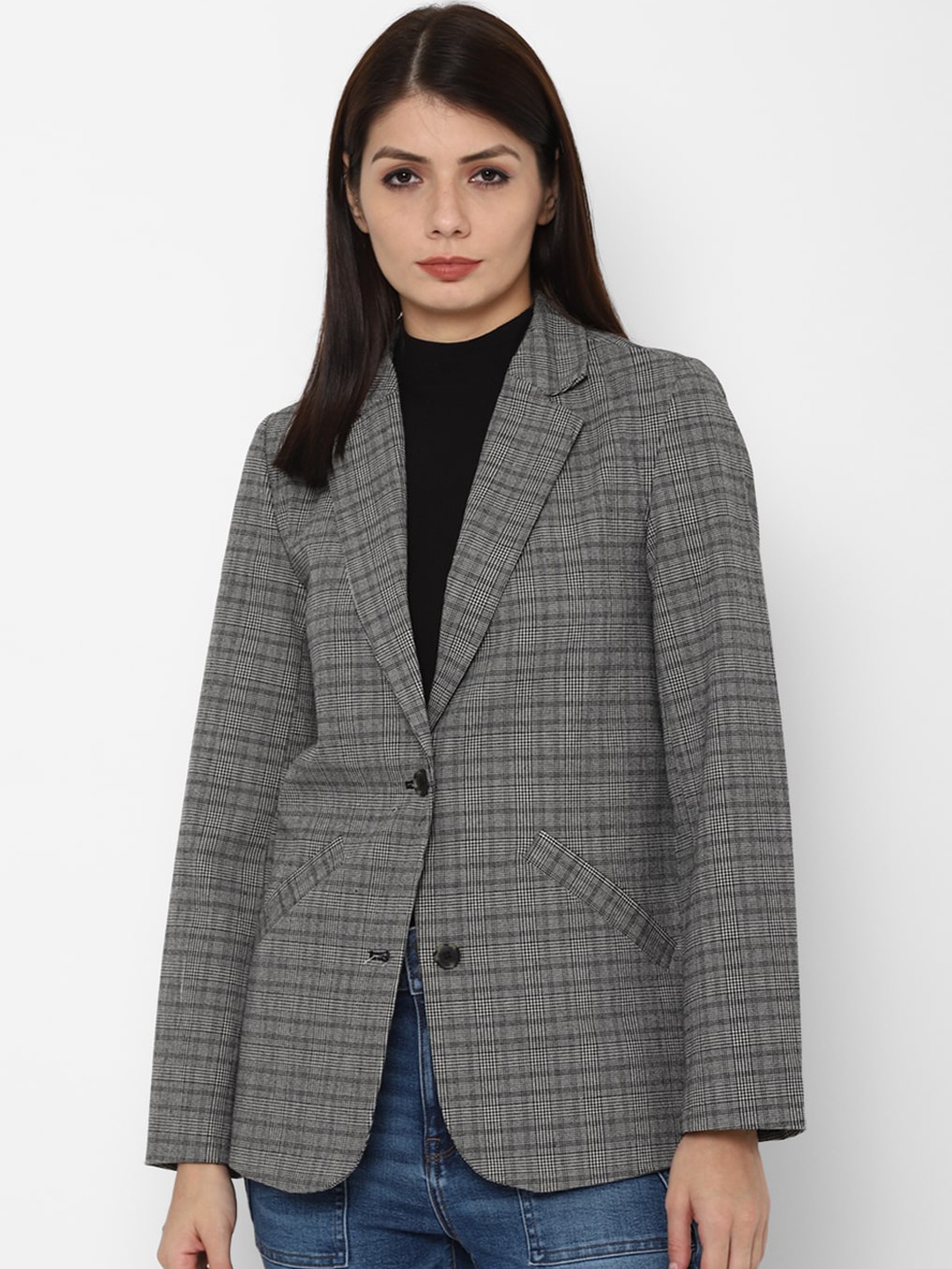 

AMERICAN EAGLE OUTFITTERS Checked Single-Breasted Blazer, Grey