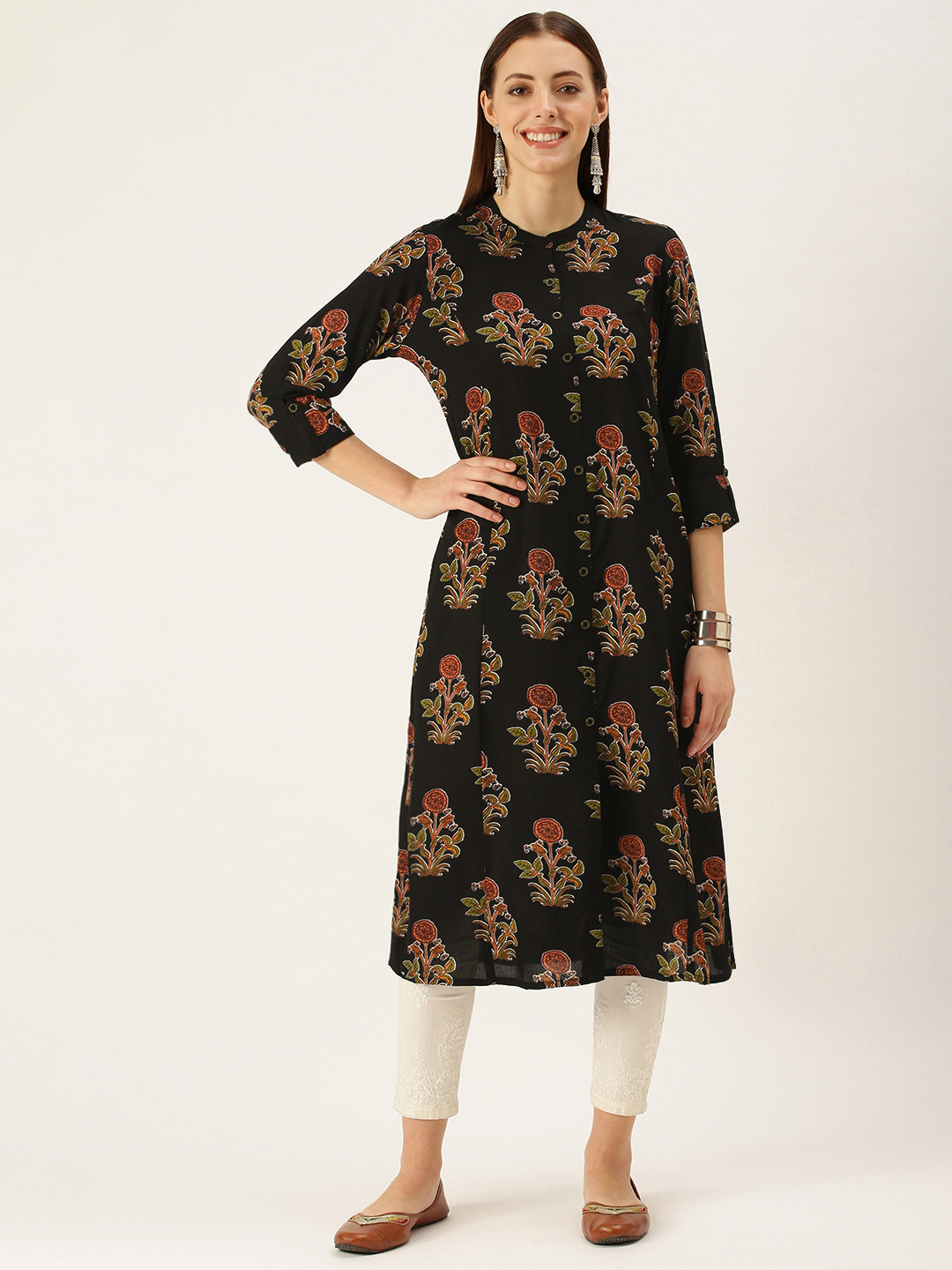 

AMUKTI Women Black & Olive Green Floral Printed Floral Kurta