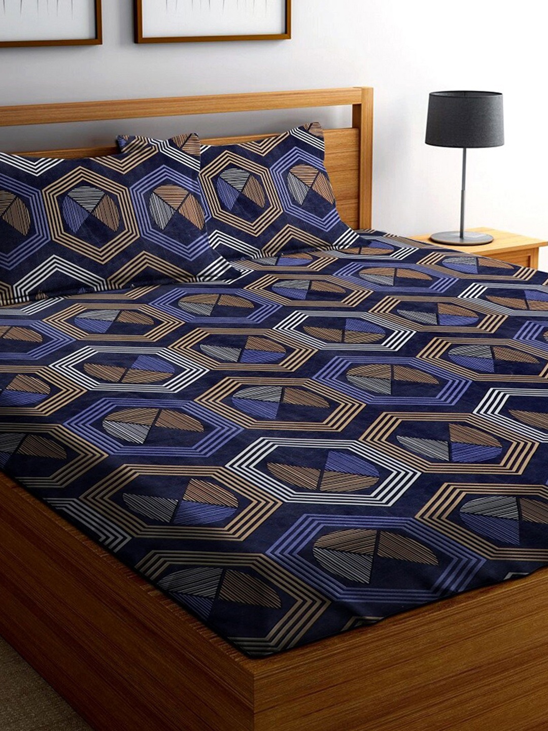 

Ispace Brown & Blue Geometric 144 TC King Bedsheet with 2 Pillow Covers