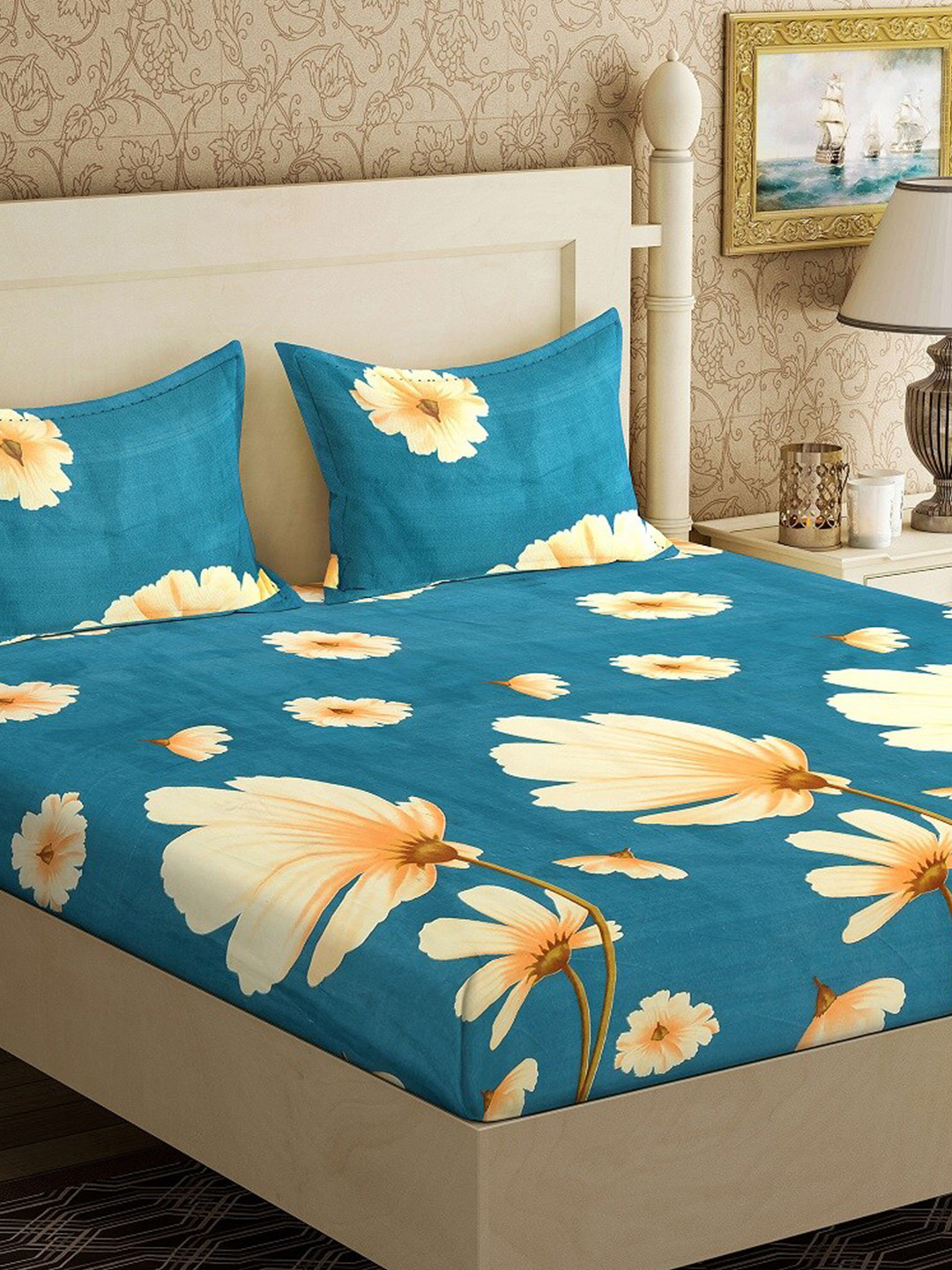 

Ispace Teal Blue & Yellow Floral 144 TC King Bedsheet With 2 Pillow Covers
