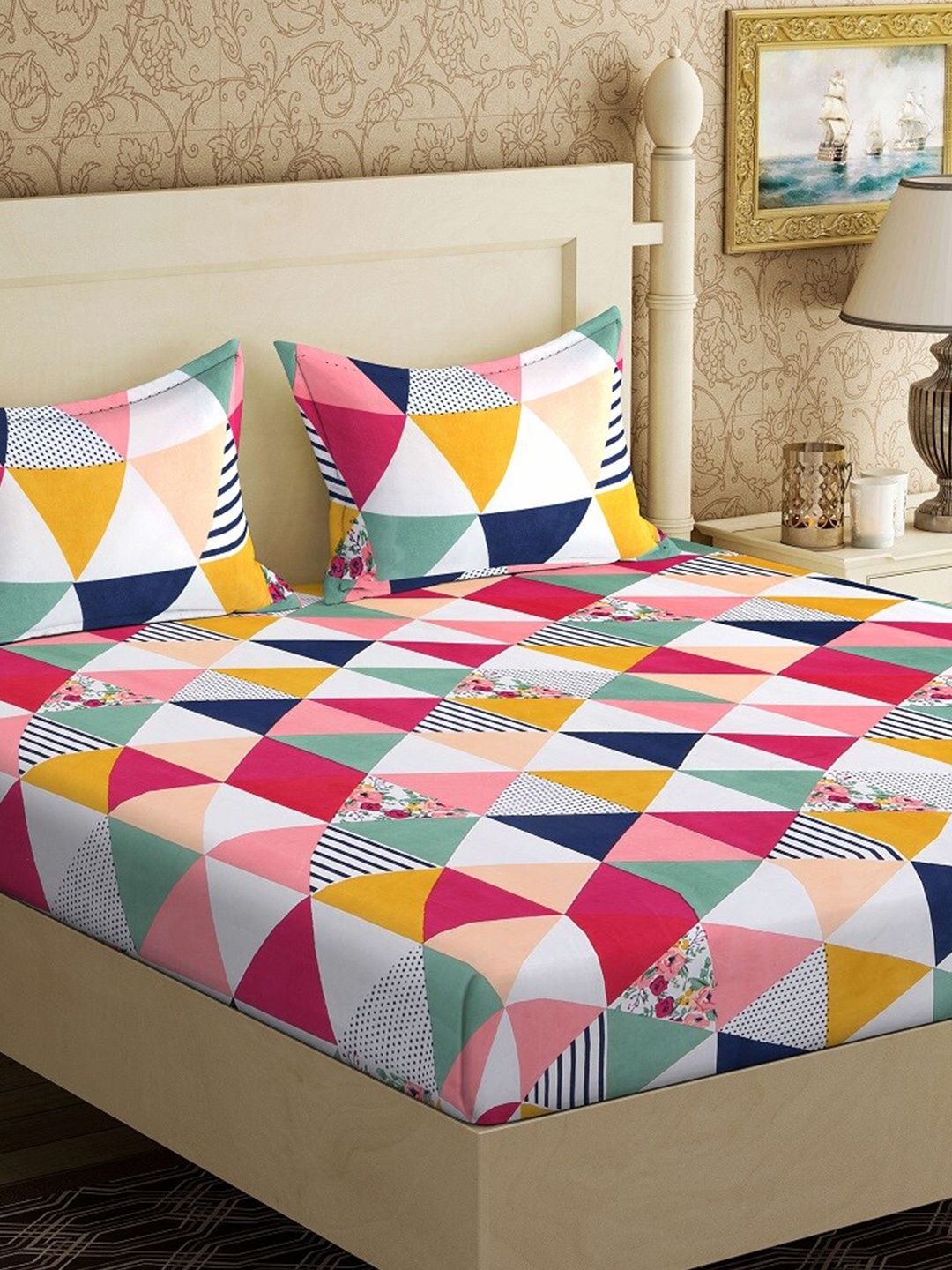 

Ispace Multicoloured Geometric Printed 144 TC King Bedsheet with 2 Pillow Covers, Multi