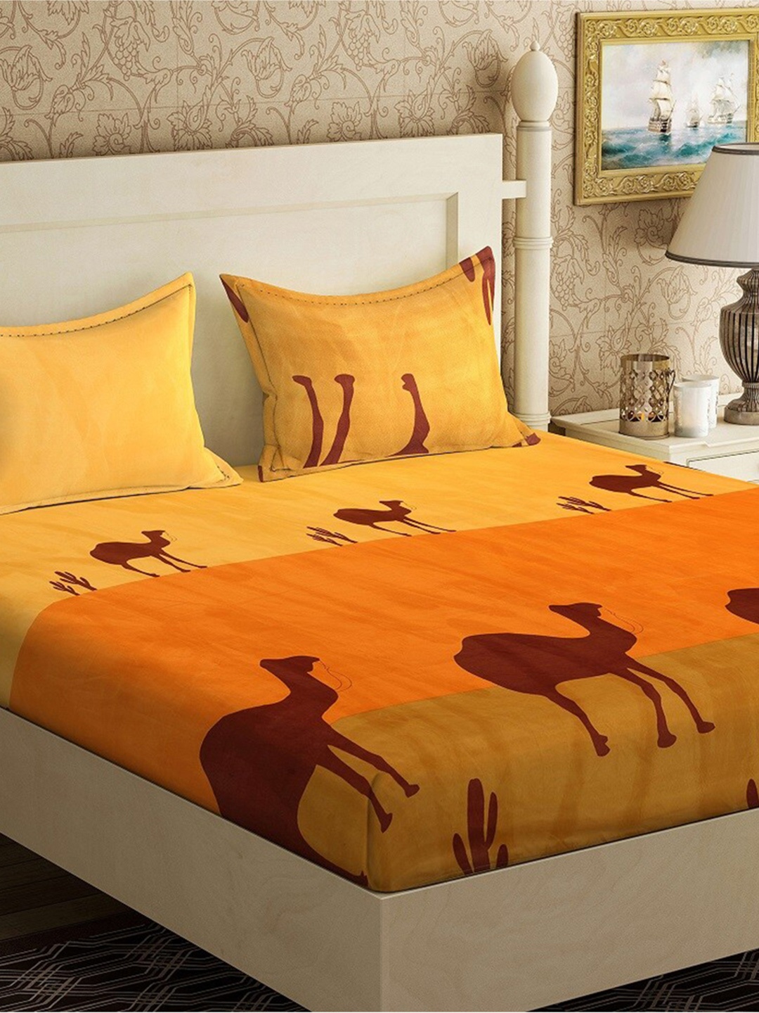 

Ispace Yellow & Orange Ethnic Motifs 144 TC King Bedsheet with 2 Pillow Covers