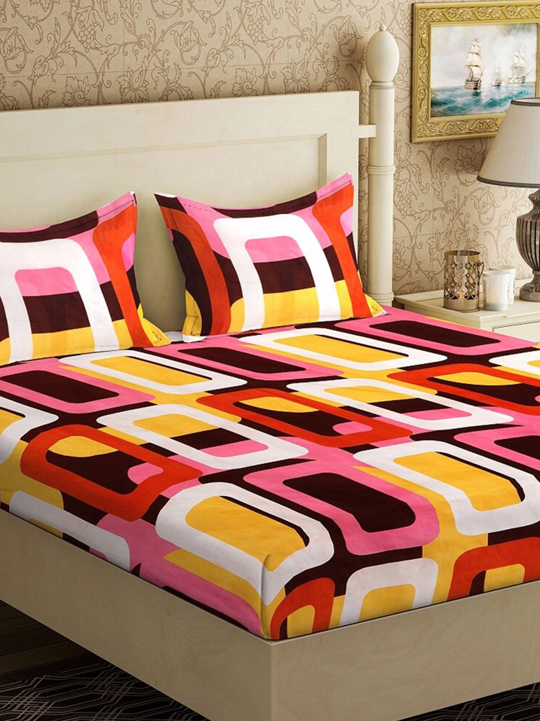 

Ispace Multicoloured Geometric 144 TC King Bedsheet with 2 Pillow Covers, Multi