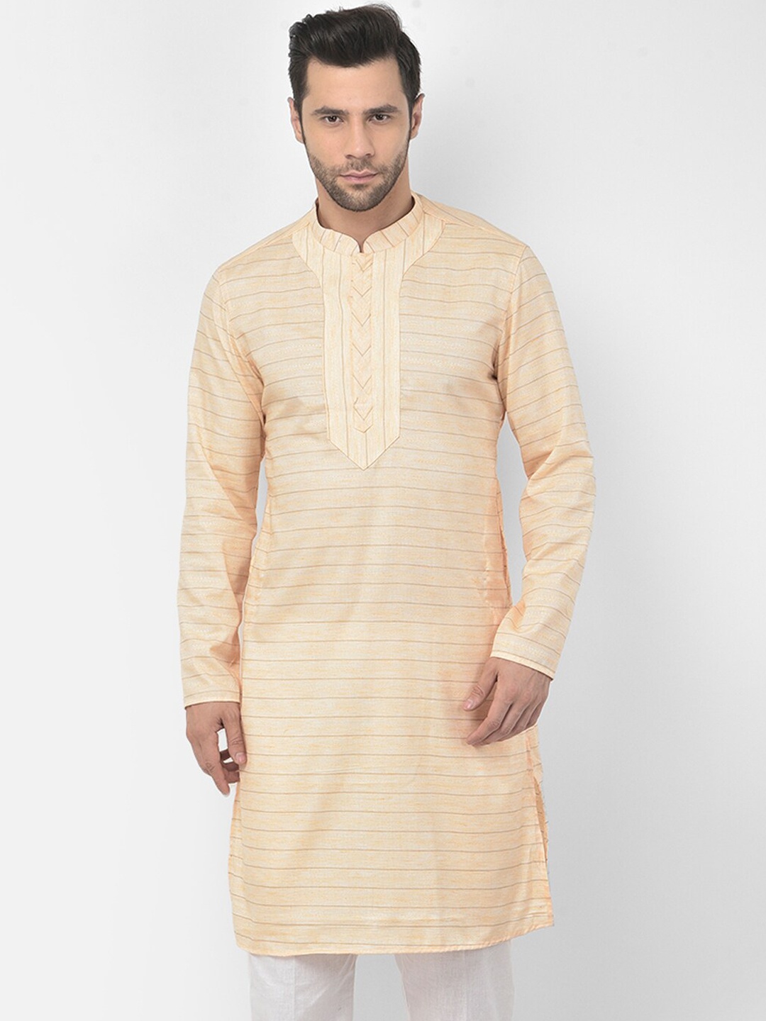 

DEYANN Men Orange & White Striped Pure Cotton Kurta with Pyjamas