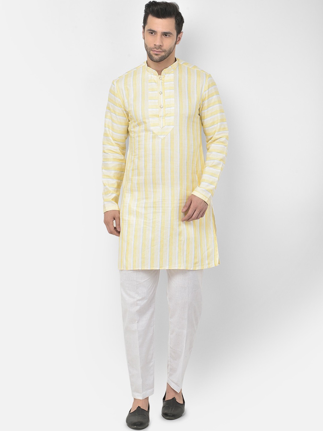 

DEYANN Men Yellow Striped Pure Cotton Kurta with Pyjamas