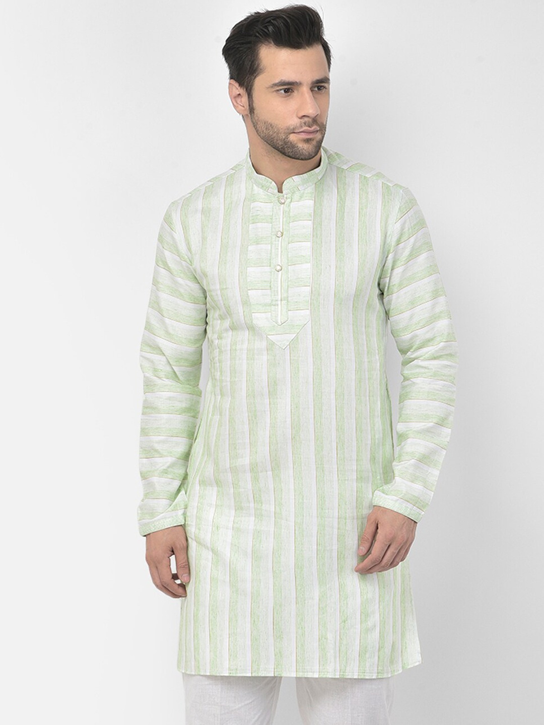 

DEYANN Men Green & White Striped Pure Cotton Kurta With Pyjamas