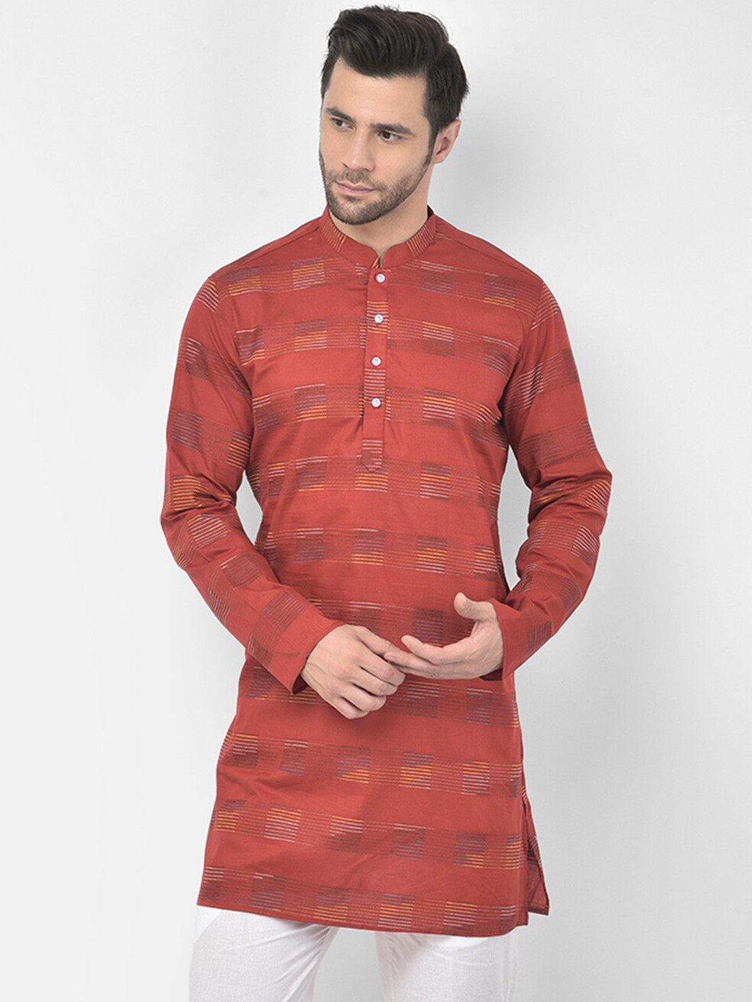 

DEYANN Men Maroon Striped Pure Cotton Kurta with Trousers