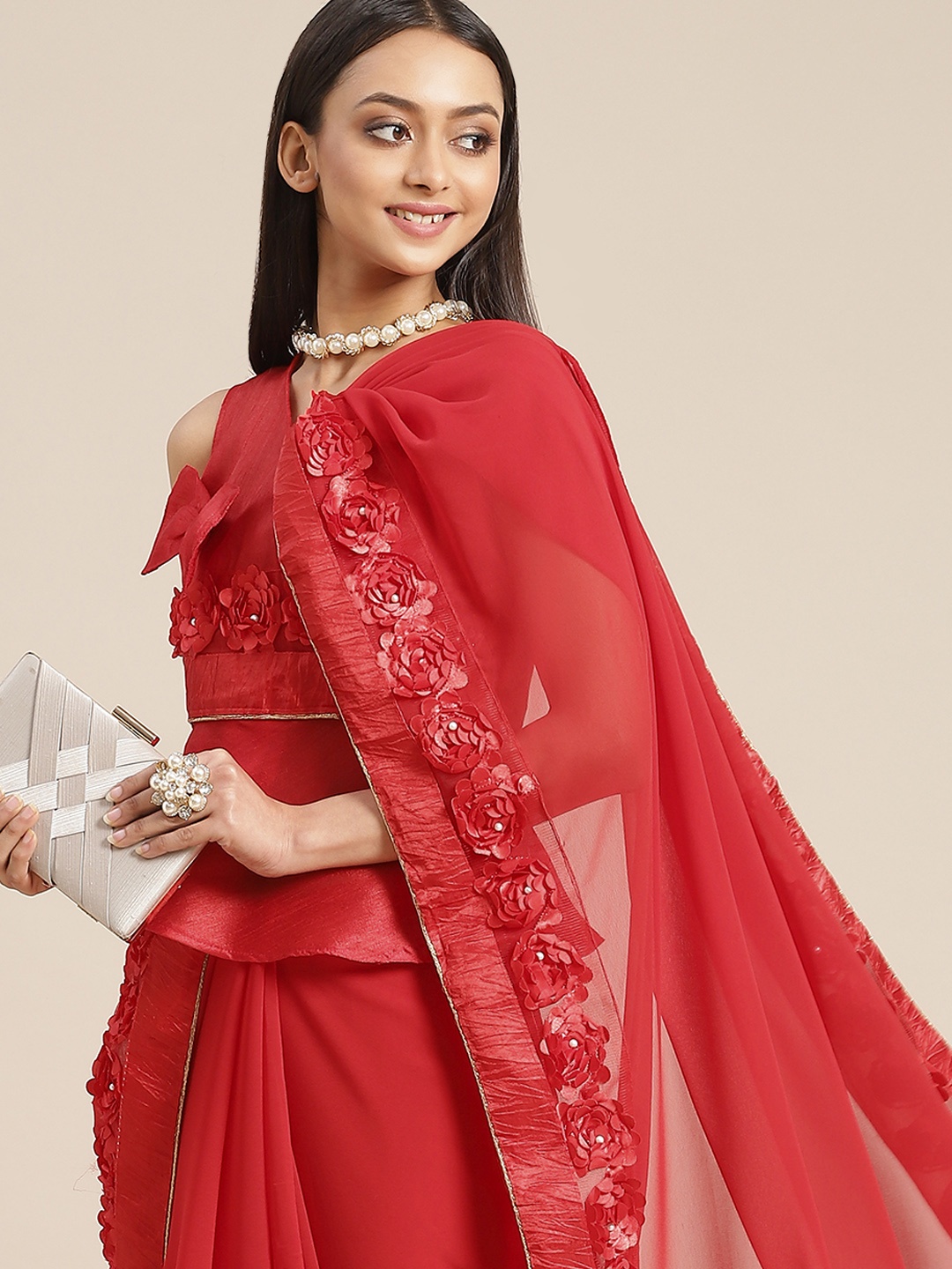 

RAJGRANTH Red Poly Georgette Saree