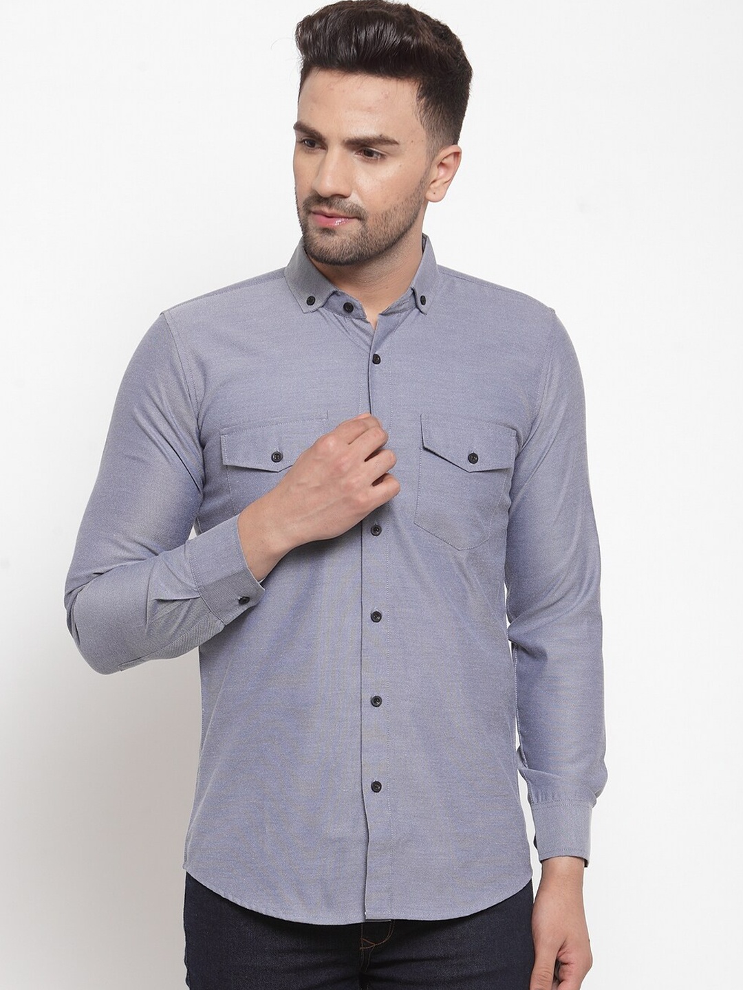 

Purple State Men Grey Solid Cotton Slim Fit Casual Shirt
