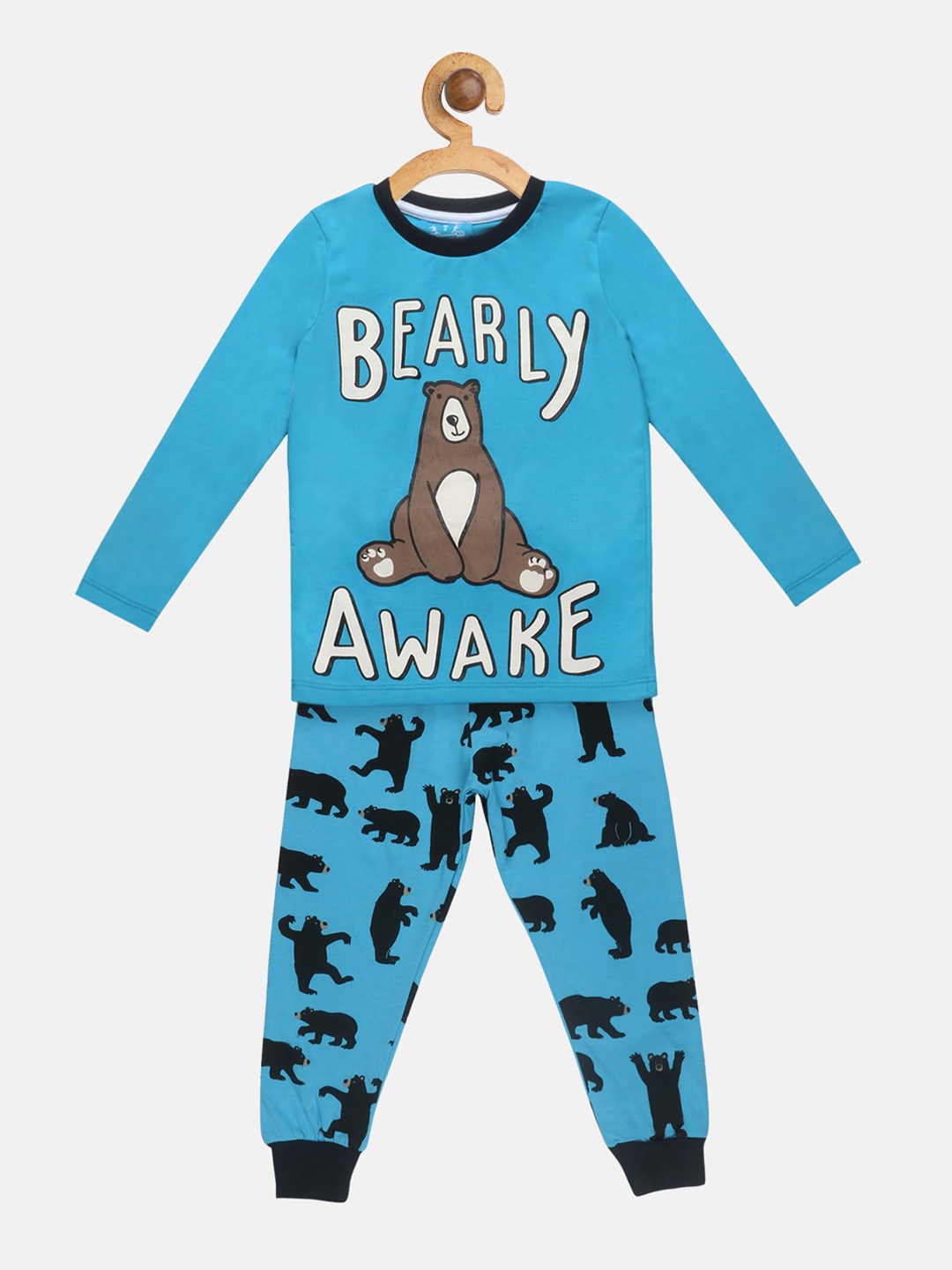 

Lazy Shark Girls Blue & Black Printed Cotton Night suit