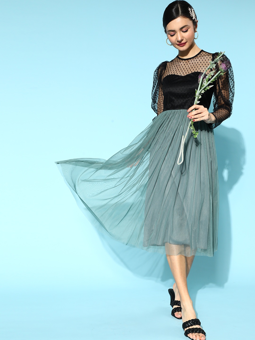 

Athena Grey & Black Colourblocked A-Line Midi Dress