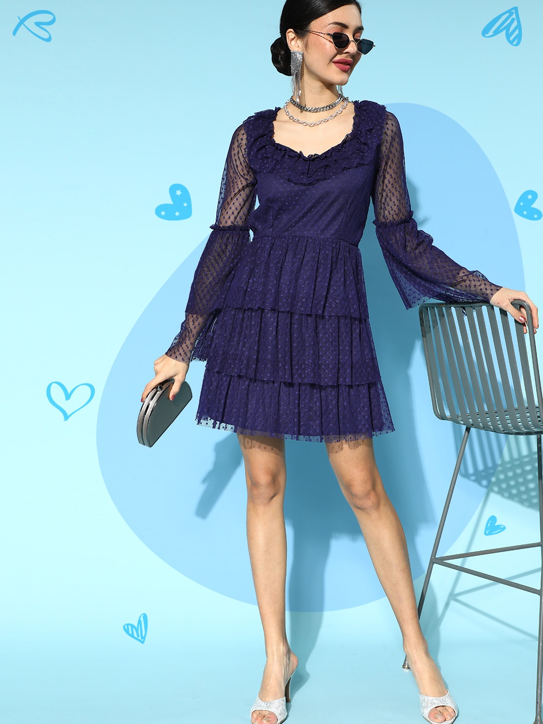 

Athena Navy Blue Self Design Dobby Net A-Line Dress