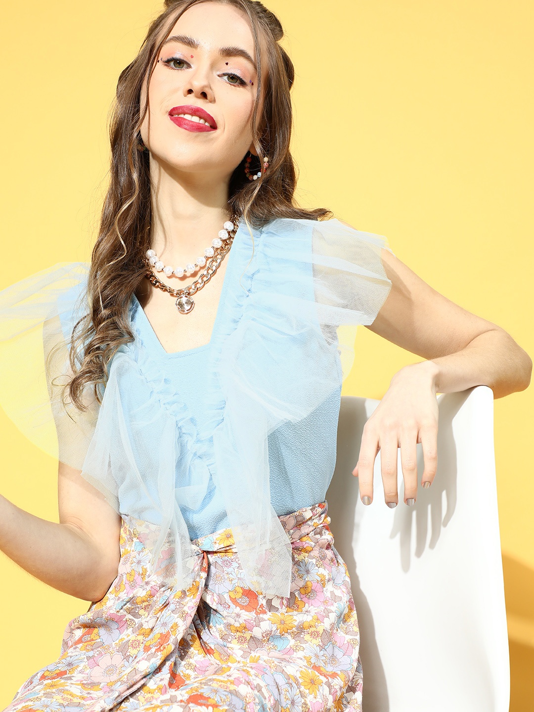

Athena Blue Solid Ruffles Net Top