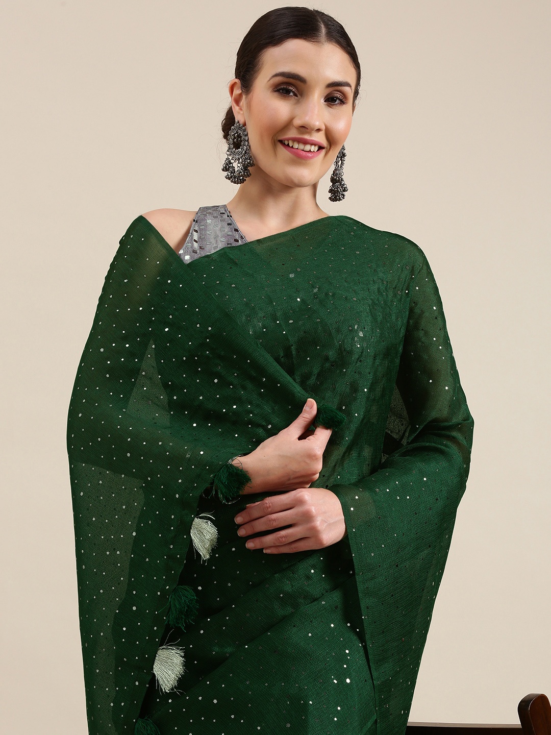 

Kvsfab Women Green Embellished Saree