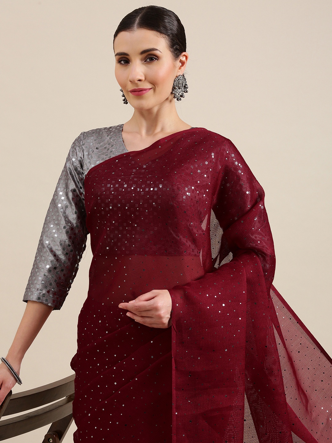

Kvsfab Women Maroon Embellished Fusion Saree
