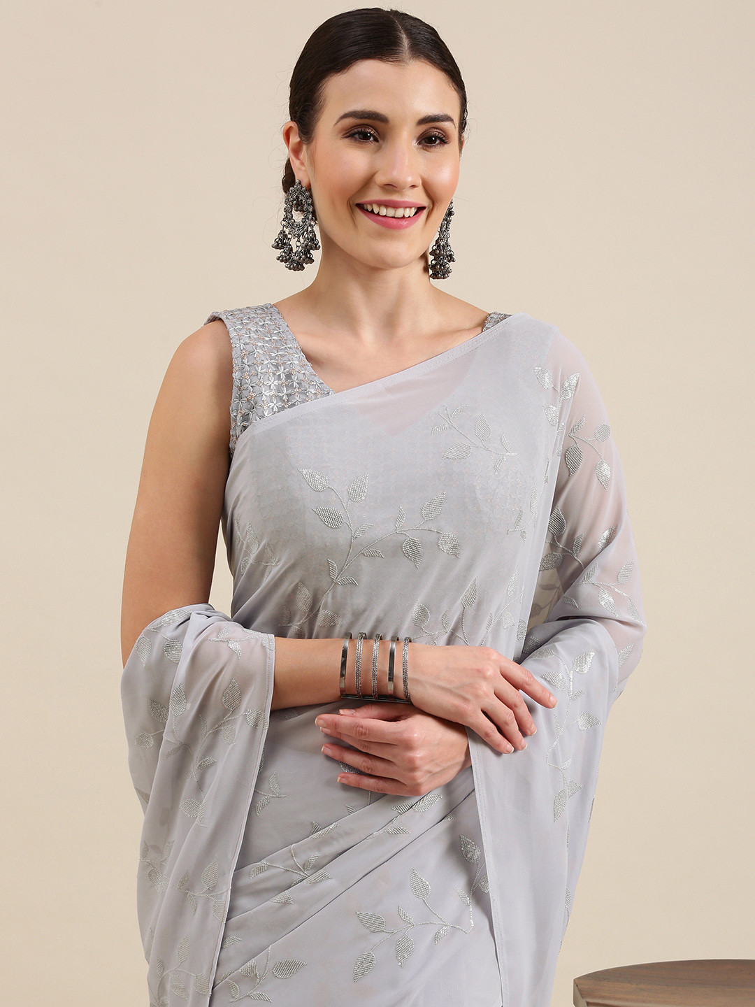 

Kvsfab Women Grey Floral Sequinned Saree