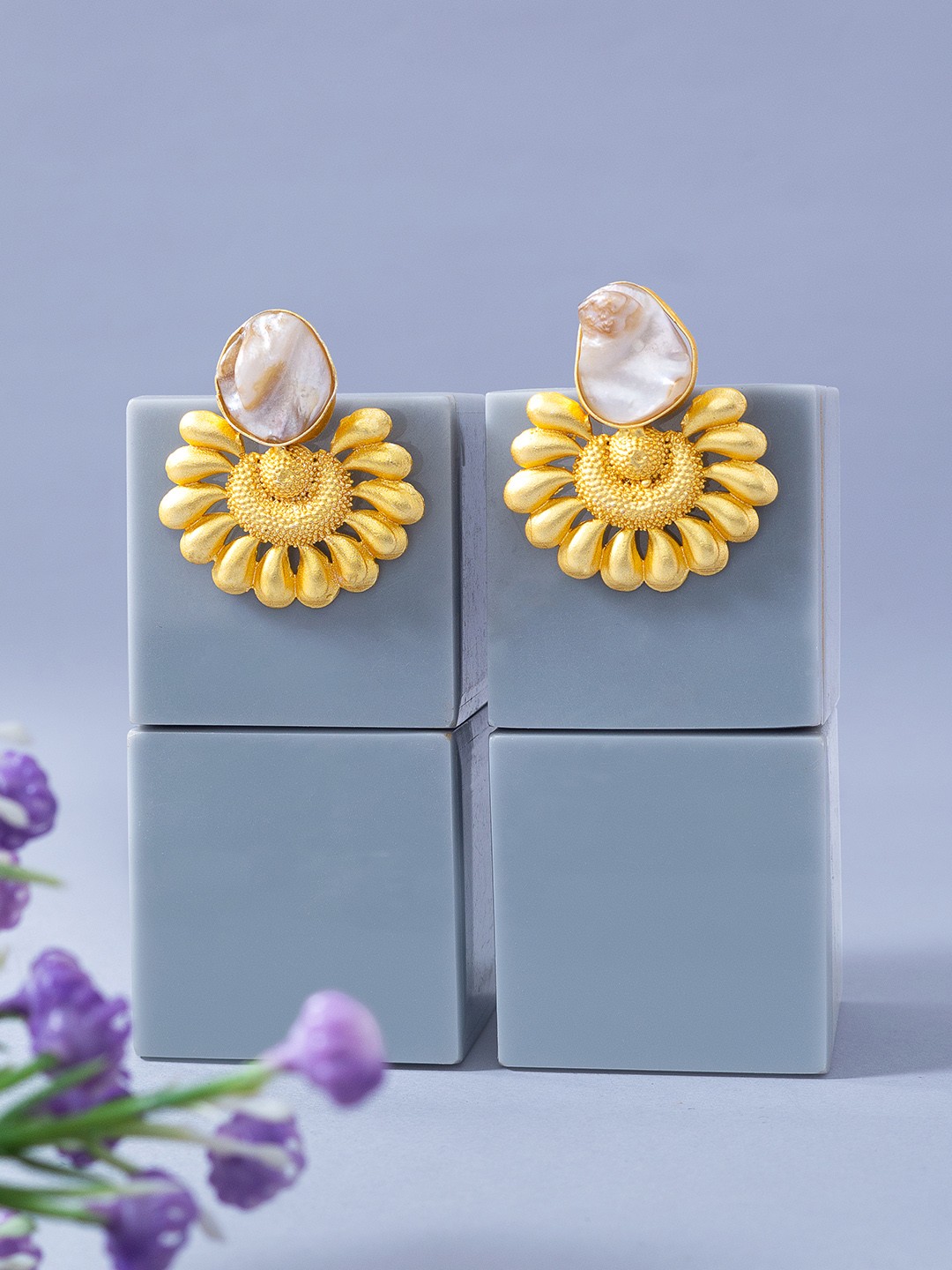 

Golden Peacock Gold-Toned & Brown Stone Studded Floral Drop Earrings