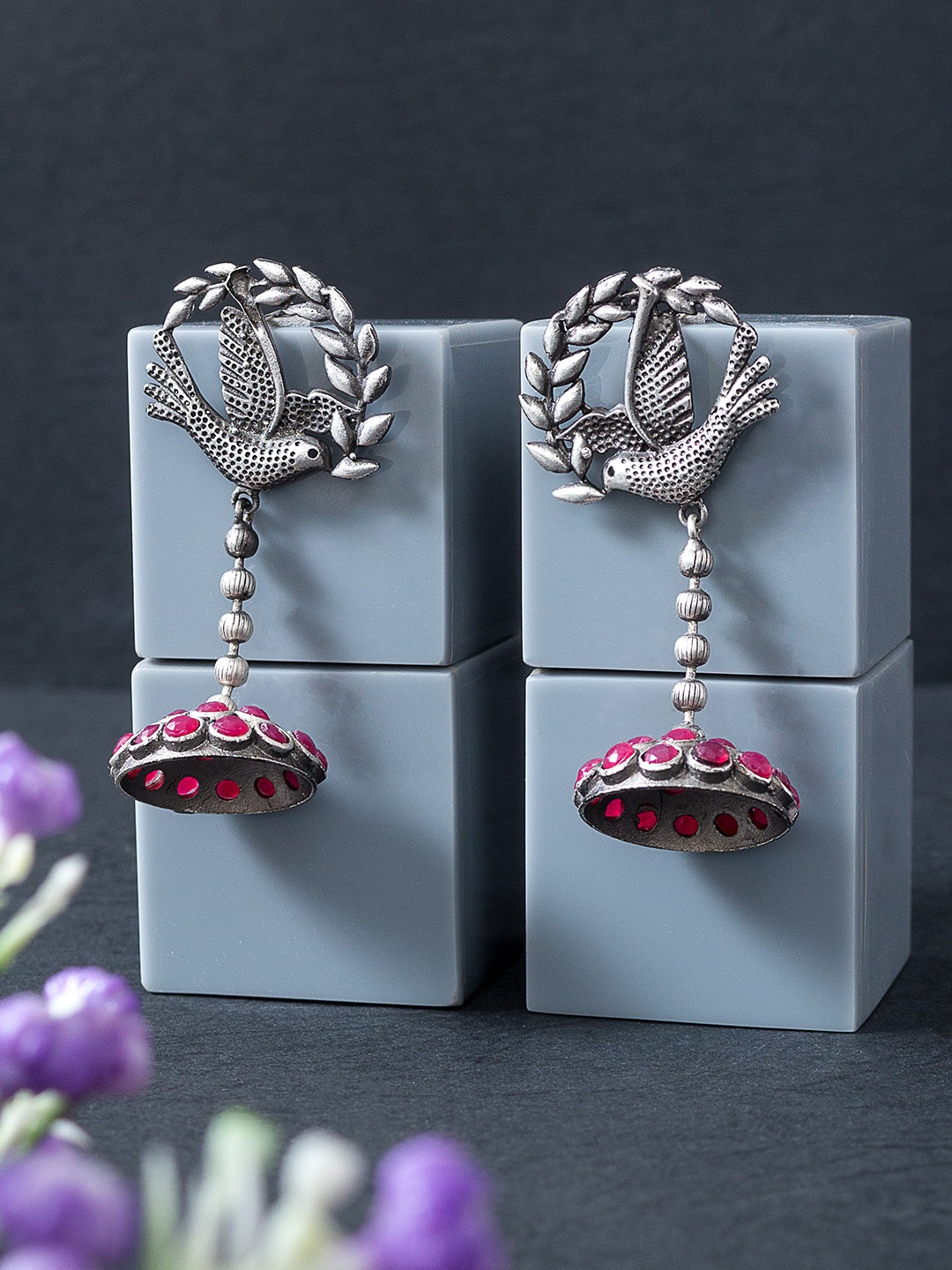 

Golden Peacock Oxidised Silver-Toned & Pink Beaded Dome Shaped Jhumkas Earrings