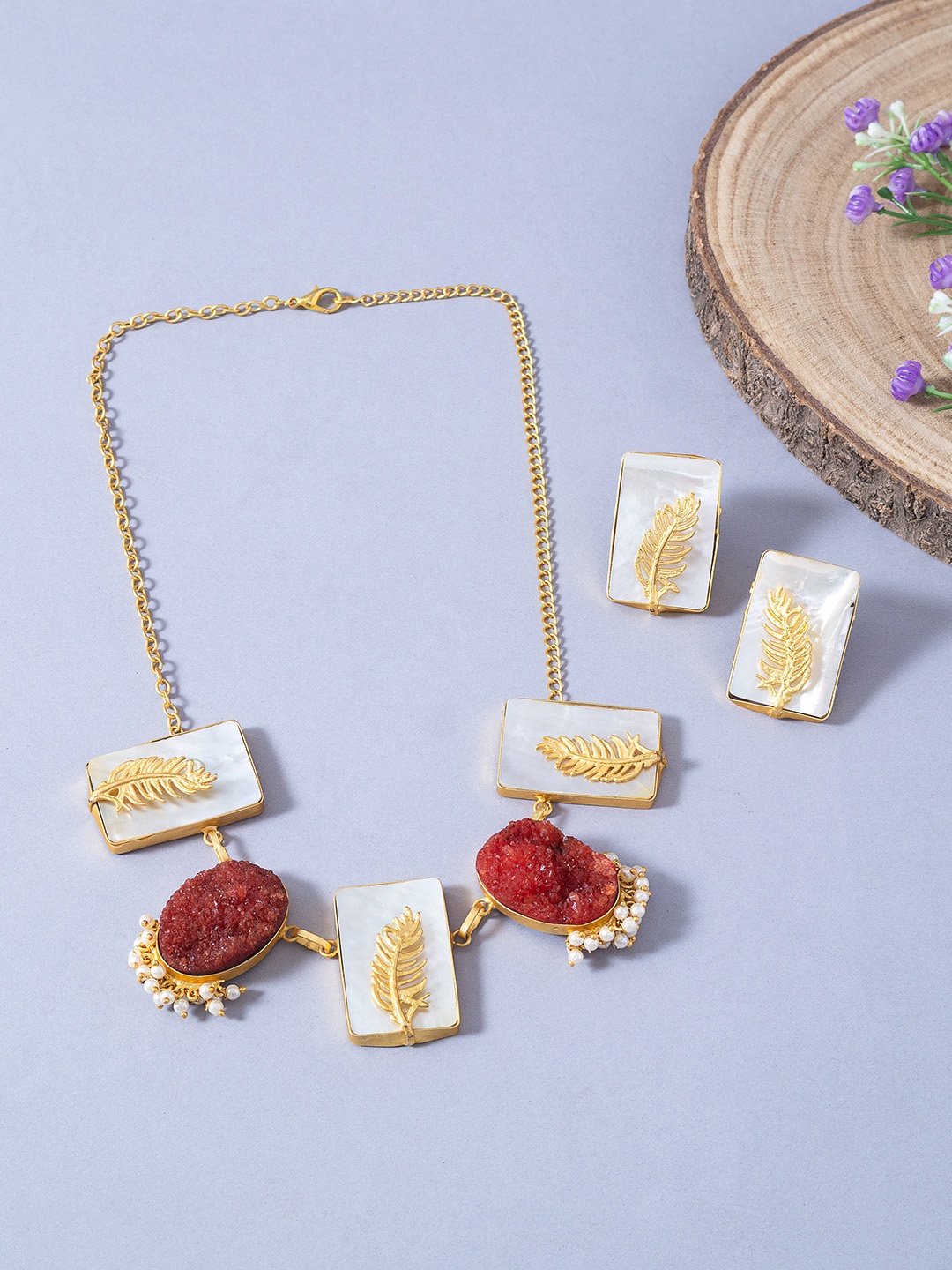 

Golden Peacock Red Gold-toned Stone Studded & Beaded Handcrafted Jewellery Set