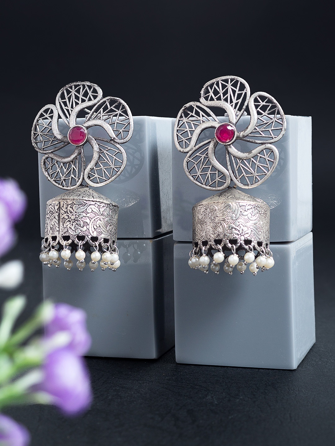 

Golden Peacock Silver-Toned & Pink Beaded Floral Dome Shaped Jhumkas Earrings