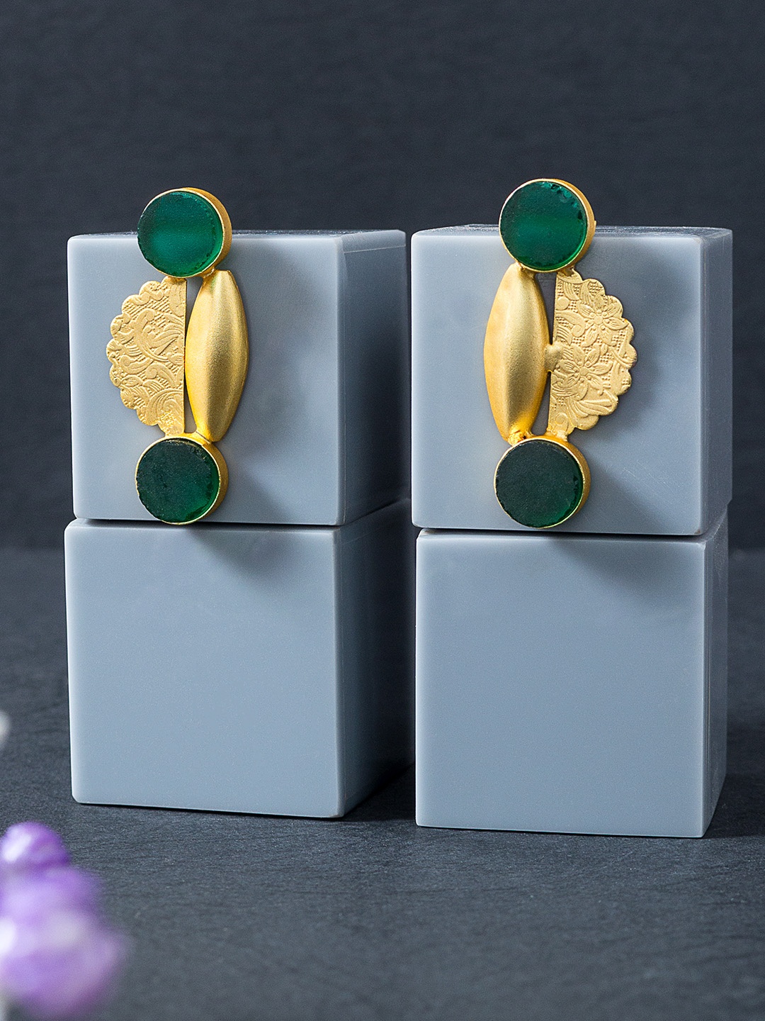 

Golden Peacock Gold-Toned & Green Stone Studded Contemporary Studs Earrings