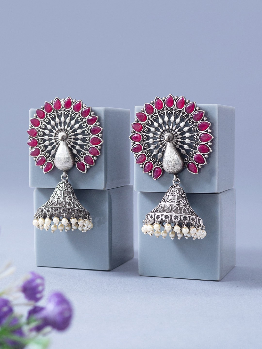 

Golden Peacock Oxidised Pink & Silver-Toned Stone Studded & Beaded Peacock Jhumka Earrings