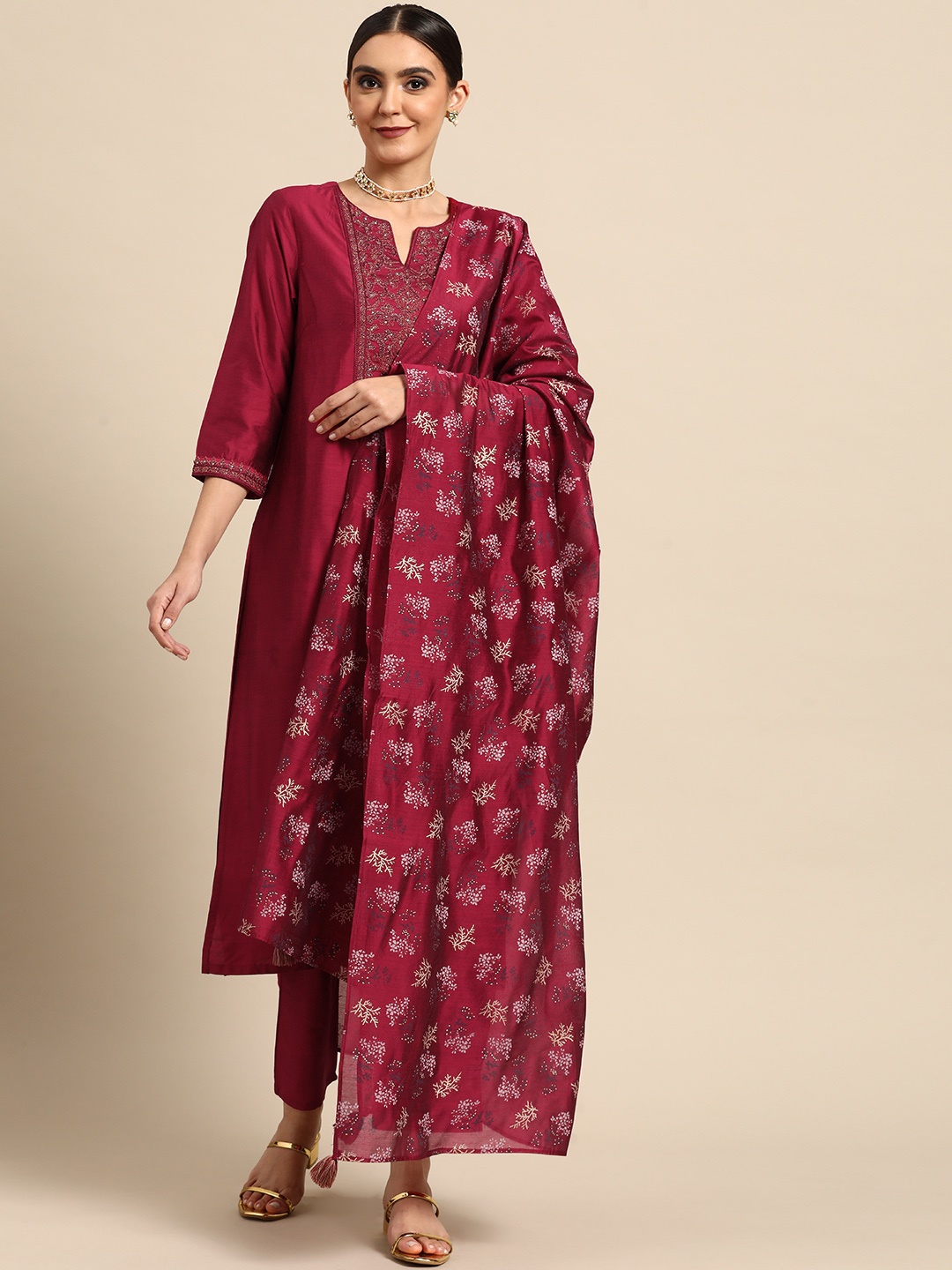 

Anouk Women Red Yoke Design Kurta with Palazzos & With Dupatta