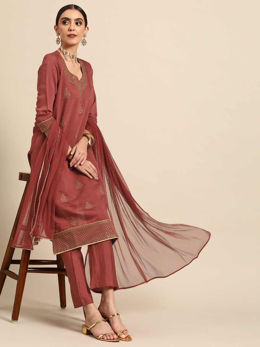 

Anouk Women Rust Brown & Golden Ethnic Motifs Kurta with Trousers & With Dupatta