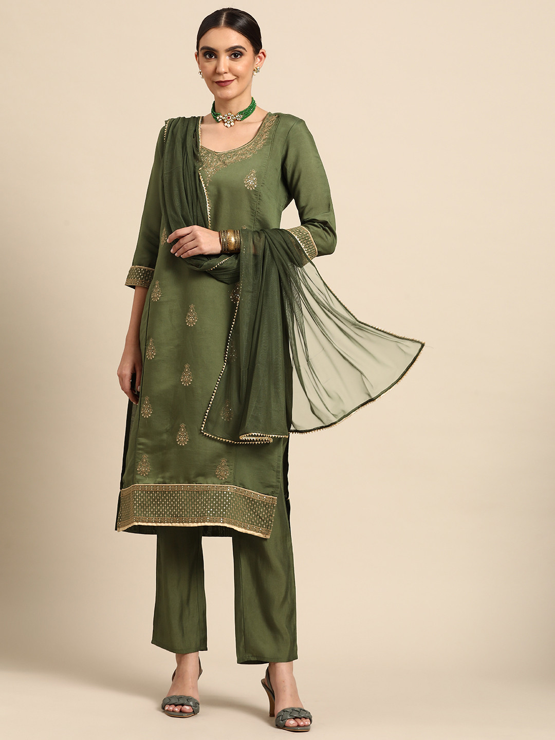 

Anouk Women Green Sequinned Chanderi Silk Kurta with Palazzos & With Dupatta