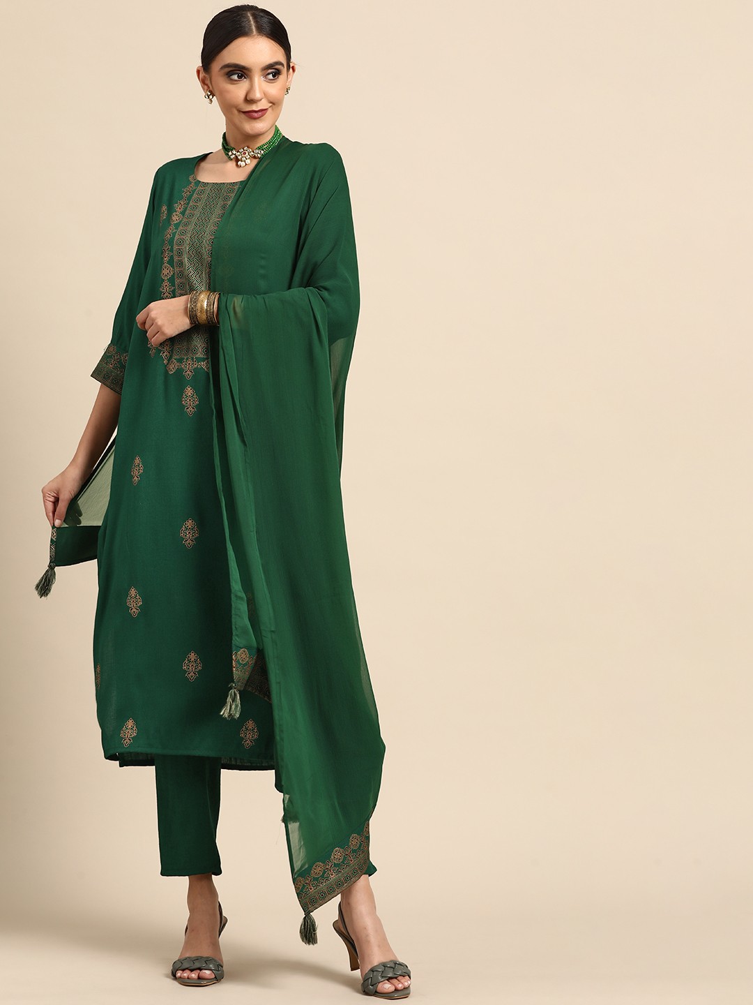 

Anouk Women Green Ethnic Motifs Printed Kurta with Trousers & With Dupatta