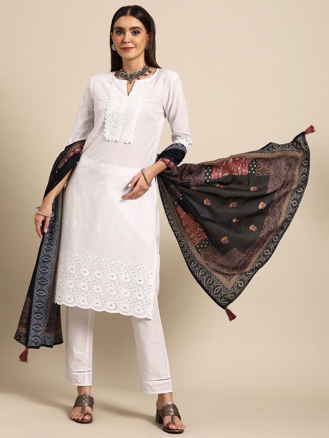 

Anouk Women White Yoke Design Pure Cotton Kurta With Palazzos & Dupatta