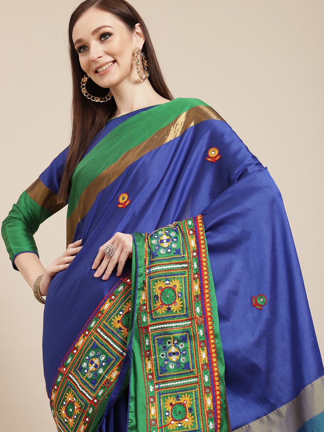 

Mitera Blue & Green Ethnic Motifs Embroidered Silk Cotton Chanderi Saree