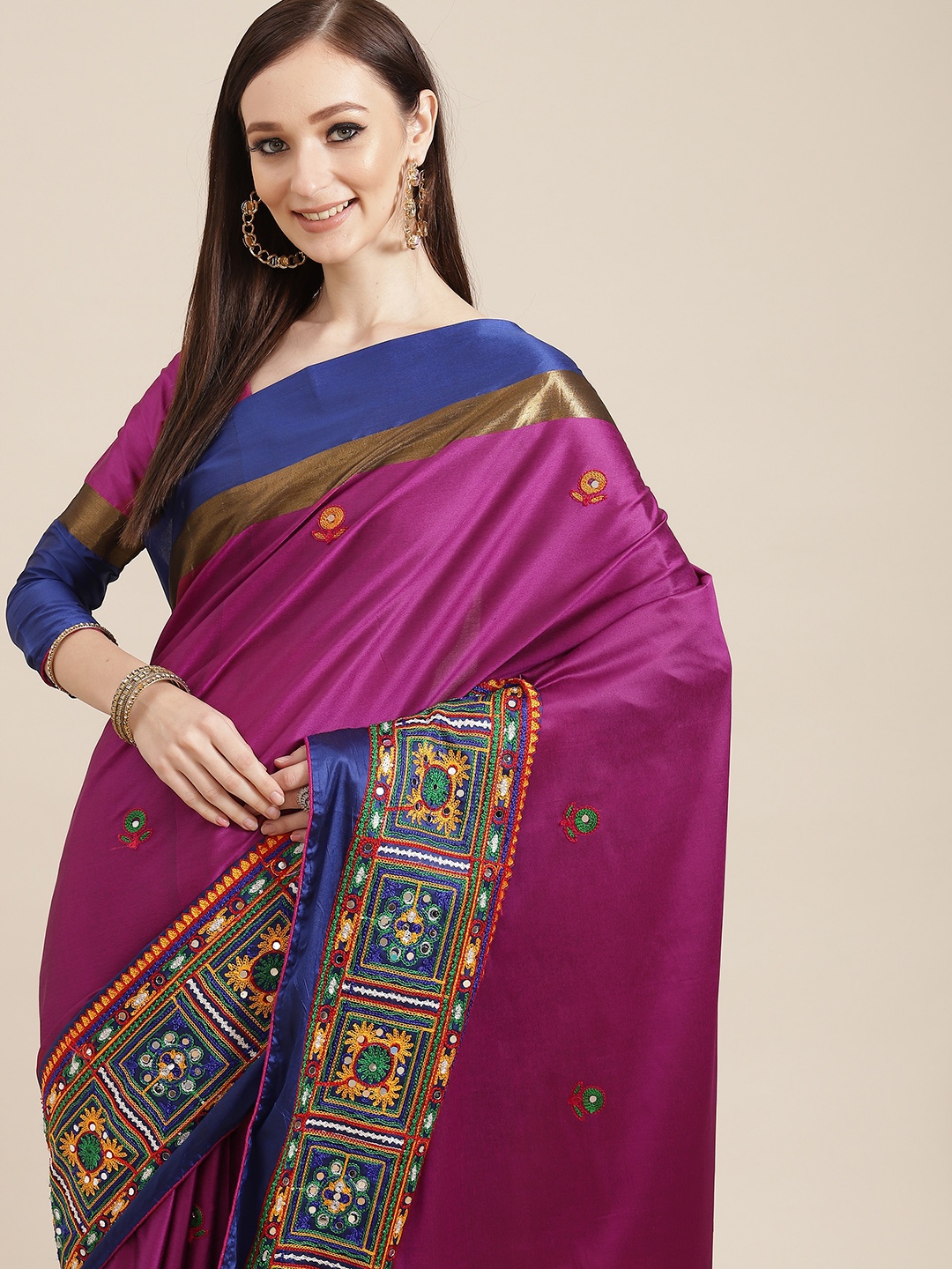 

Mitera Purple & Blue Ethnic Motifs Embroidered Silk Cotton Chanderi Saree