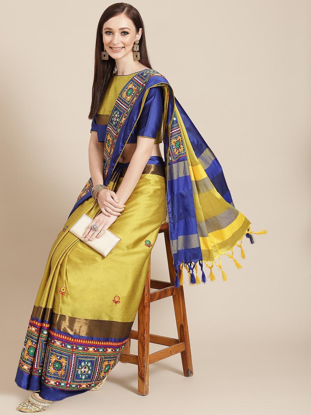 

Mitera Yellow & Blue Ethnic Motifs Embroidered Silk Cotton Chanderi Saree