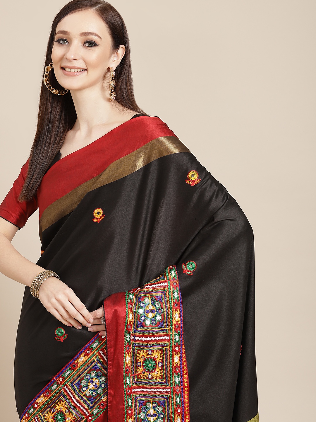 

Mitera Black & Red Embellished Embroidered Silk Cotton Chanderi Saree