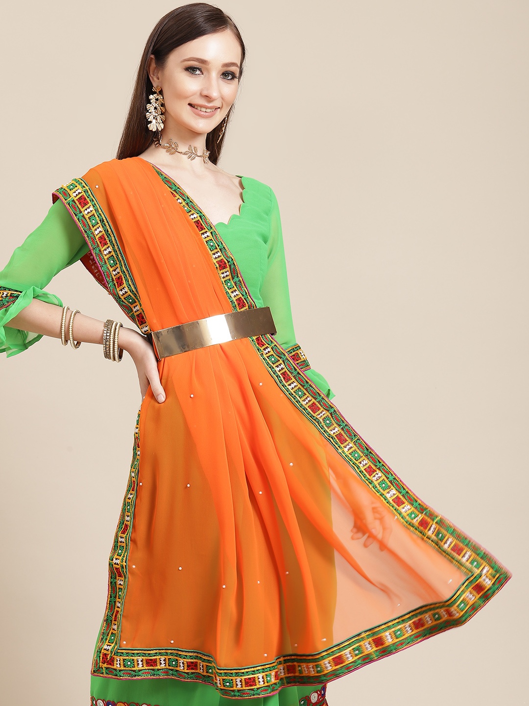 

Mitera Green & Orange Ethnic Motifs Embroidered Pure Georgette Saree