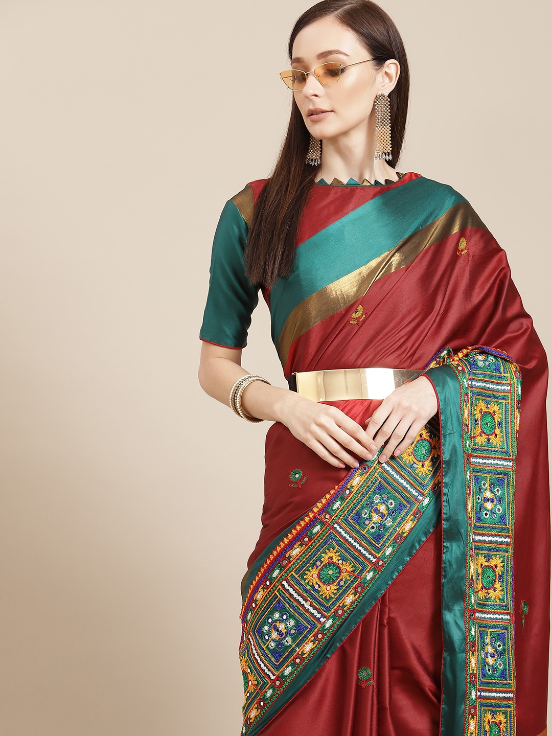 

Mitera Red & Blue Ethnic Motifs Embroidered Silk Cotton Chanderi Saree