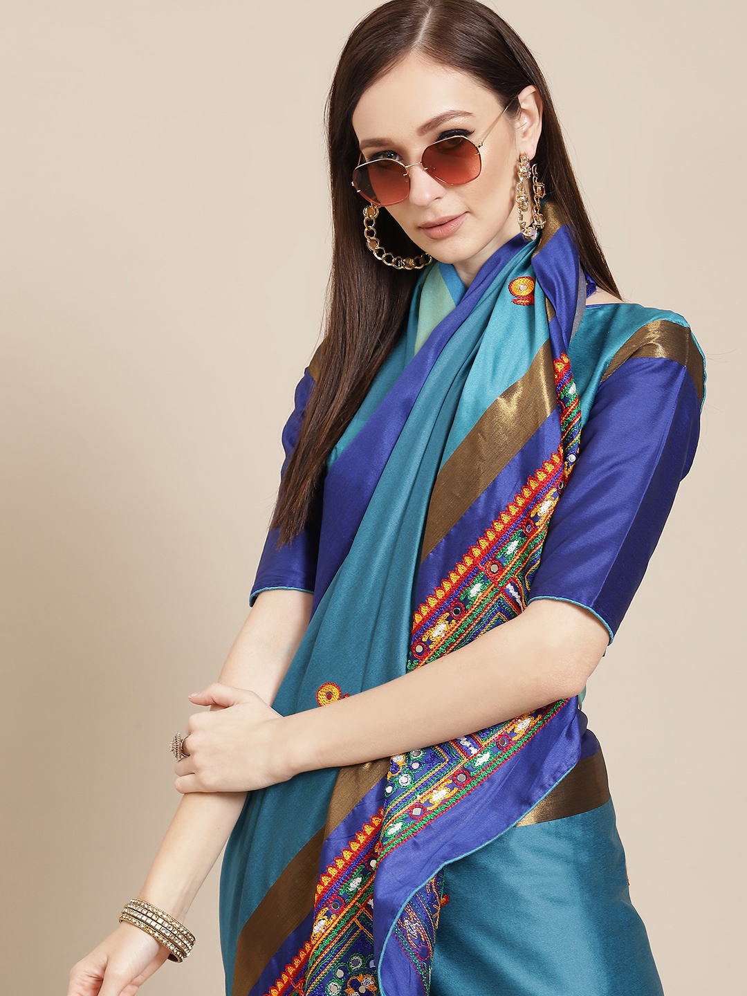 

Mitera Blue Ethnic Motifs Embroidered Silk Cotton Chanderi Saree