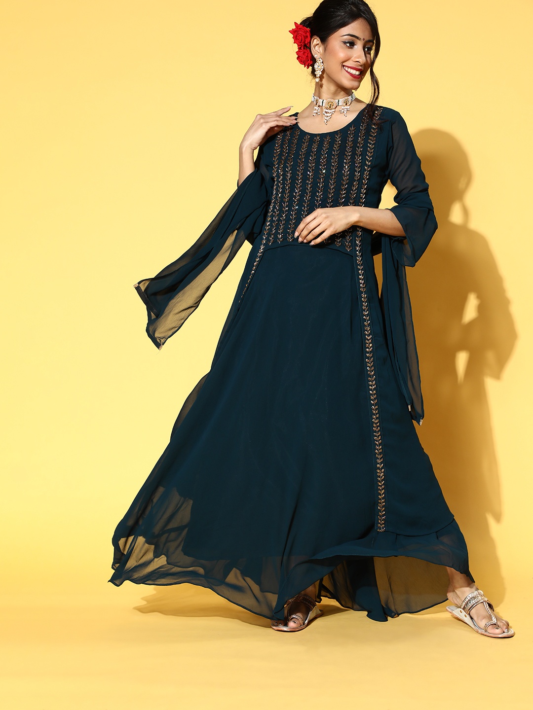

Chhabra 555 Ethnic Motifs Poly-Georgette Kurta Set, Teal