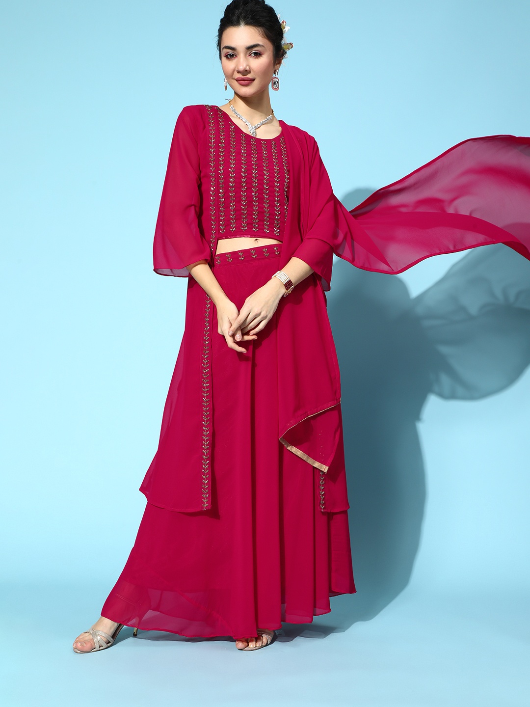 

Chhabra 555 Woven Design Poly-Georgette Bling It On Kurta Set, Red