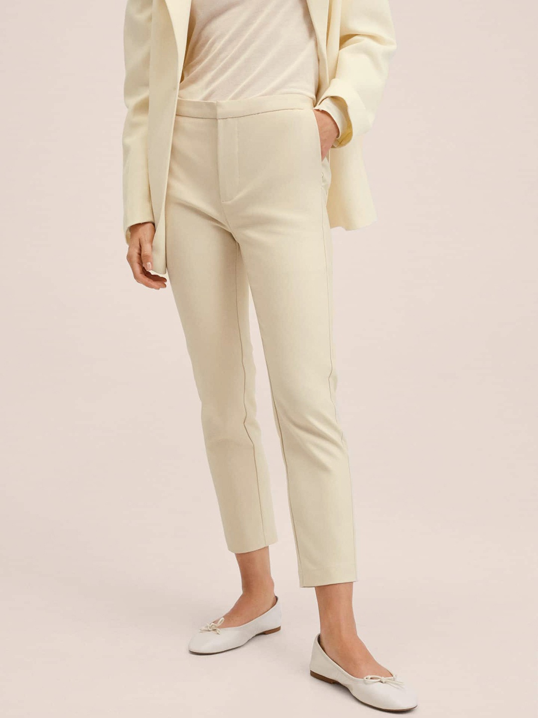 

MANGO Women Cream-Coloured Solid Trousers