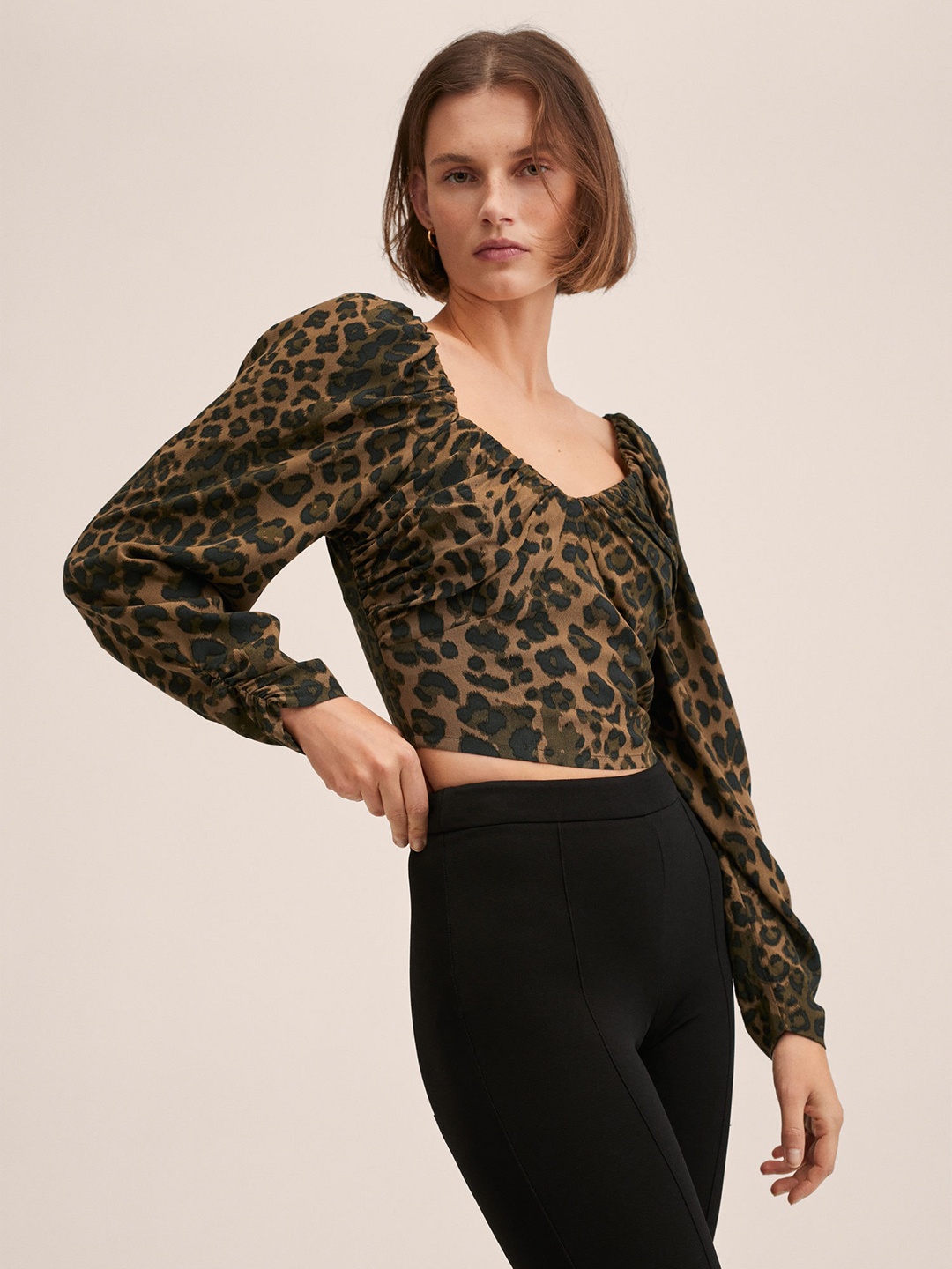 

MANGO Brown & Black Animal Print Sweetheart Neck Crop Top