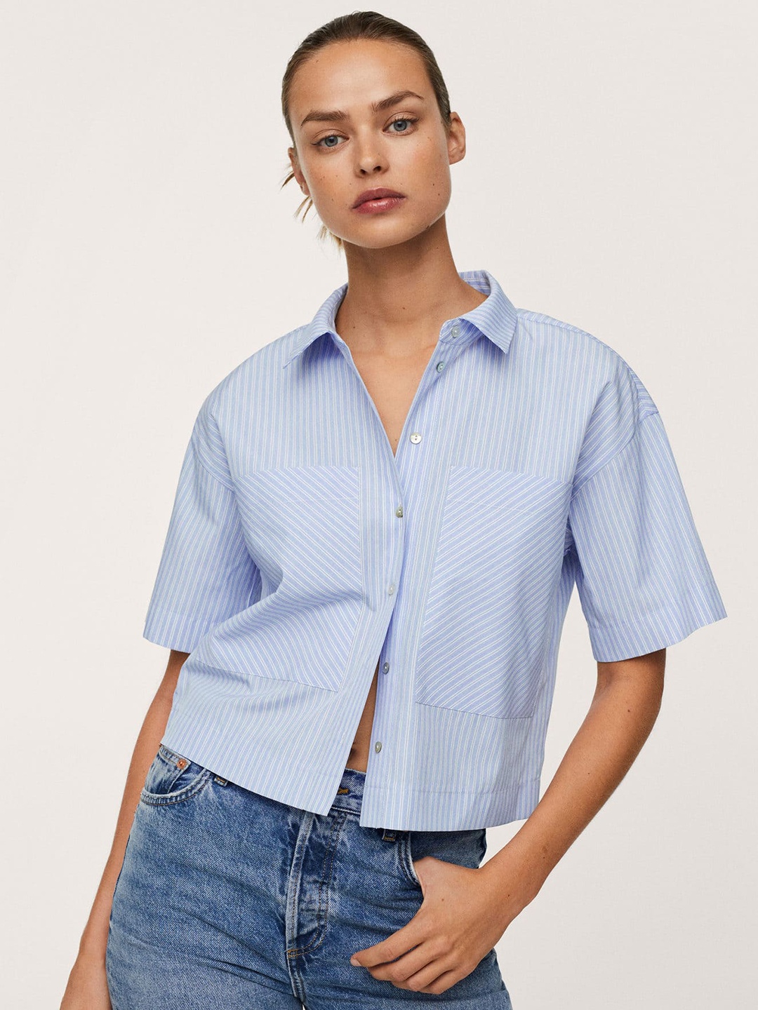 

MANGO Women Blue & White Striped Casual Shirt