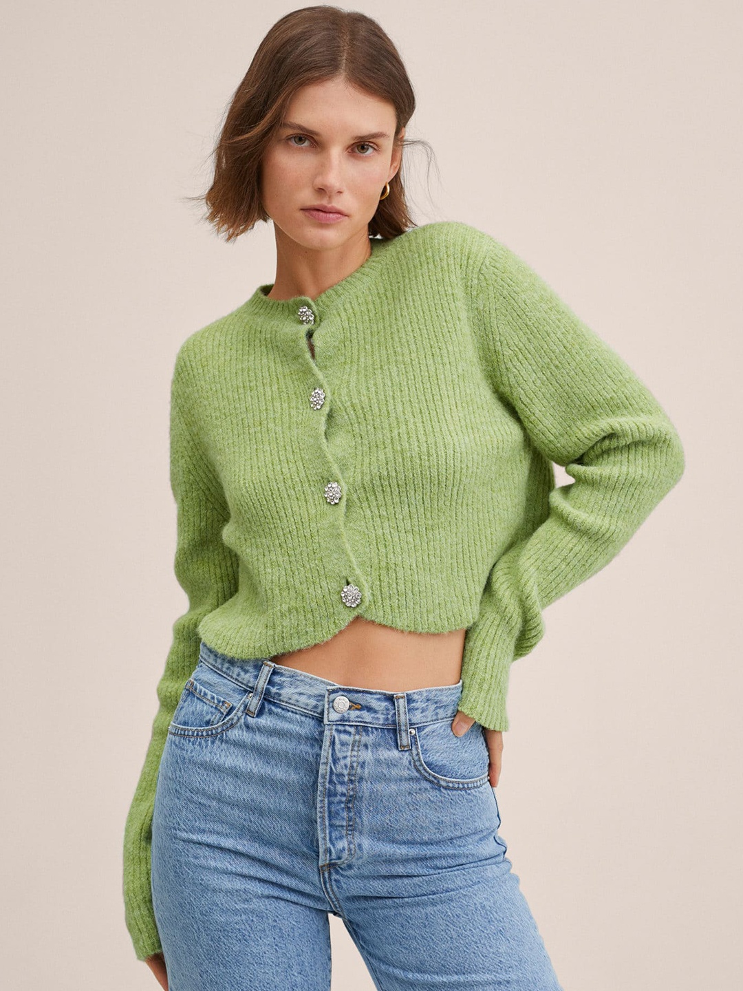 

MANGO Women Green Ribbed Crop Cardigan