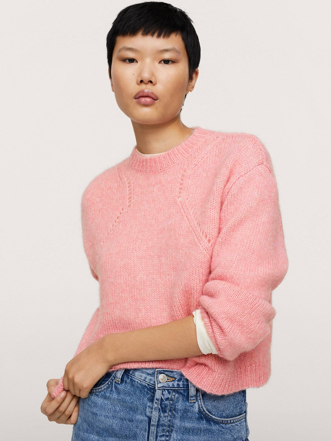

MANGO Women Pink Round Neck Pullover