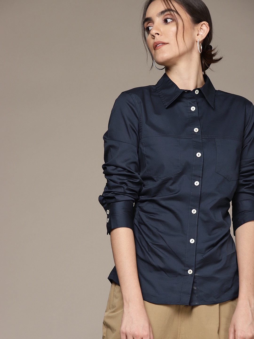 

MANGO Women Navy Blue Casual Shirt